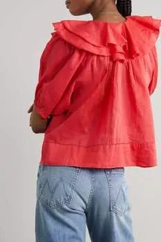 THE GREAT. блузка The Sunrise из хлопка и вуали с оборками, красный