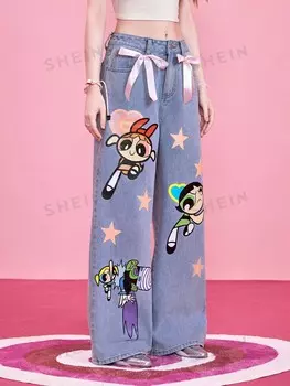 The Powerpuff Girls | Джинсы широкого кроя, украшенные бантом и мультяшным узором, для женщин, школы Romwe, синий