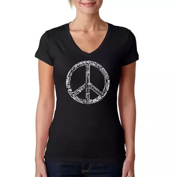 THE WORD PEACE IN 77 Languages — женская футболка с V-образным вырезом и надписью Word Art LA Pop Art, черный