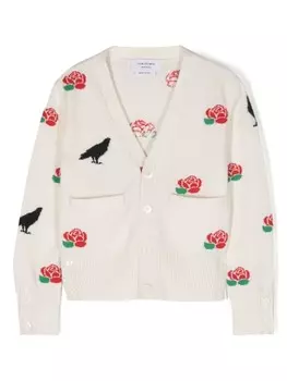 Thom Browne Kids кардиган Raven And Roses вязки интарсия, белый
