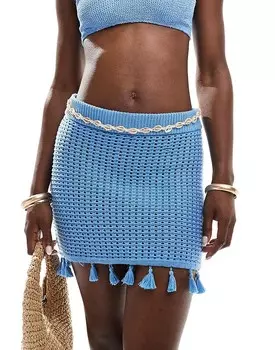 Threadbare – Голубая плиссированная мини-юбка крючком с бахромой