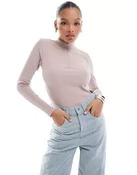 Threadbare – Серо-коричневое боди с длинными рукавами и высоким воротником, застежкой на половину молнии и ребристой структурой