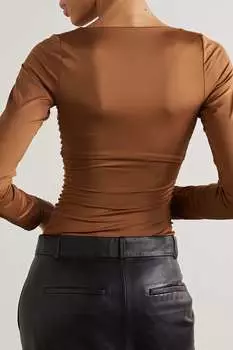 TIBI Боди из эластичного атласного джерси с рюшами, коричневый