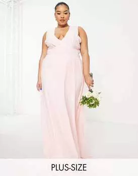 Тихо-розовое шифоновое платье макси с v-образным вырезом и плиссированной юбкой TFNC Bridesmaid