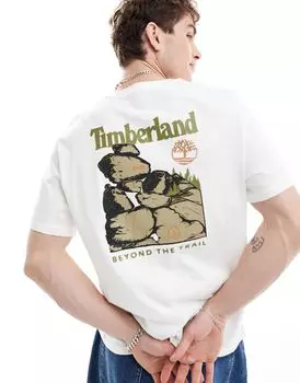 Timberland – белая футболка оверсайз с крупным рисунком и рок-мотивом на спине