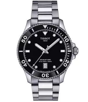 Tissot Мужские Black Seastar 1000 Кварцевые аналоговые часы-браслет из нержавеющей стали, серебро