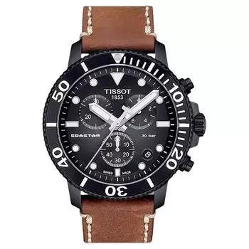 TISSOT Мужские часы Starfish Collection с кварцевым механизмом, 45,5 мм, черный циферблат, корпус из нержавеющей стали, кожаный ремешок