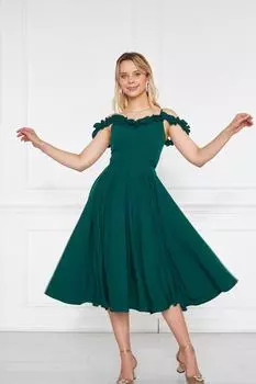 Ткань атлас, регулируемый ремень, оборка, подробный воротник, плиссированное расклешенное вечернее платье миди изумрудного цвета 421 lovebox, зеленый