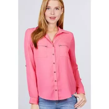 Тканая блузка с закругленными рукавами 3/4 и карманом на молнии FASHNZFAB, розовый