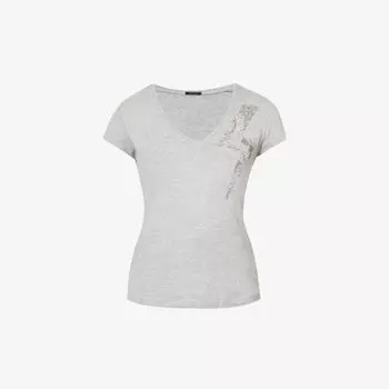 Тканая футболка с V-образным вырезом, расшитая пайетками Ikks, серый