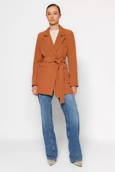 Тканая куртка светло-коричневого цвета с поясом и карманами Trendyol Modest, коричневый