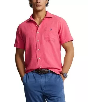 Тканая походная рубашка классического кроя из смесового льна Polo Ralph Lauren с короткими рукавами, красный
