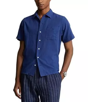 Тканая походная рубашка классического кроя из смесового льна Polo Ralph Lauren с короткими рукавами, синий