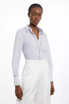 Тканая рубашка из хлопкового поплина с декорированной отделкой Karen Millen, синий