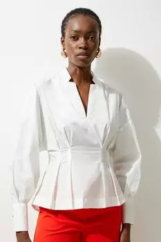 Тканая рубашка с защипами и пуговицами из поплина с объемными рукавами Karen Millen, белый