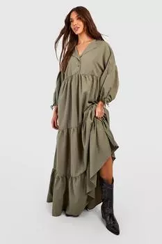 Тканее ярусное платье макси с рукавами Boohoo, хаки