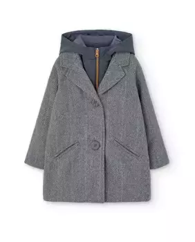 Тканевое пальто для девочки с капюшоном и принтом «елочка» Boboli, серый
