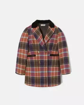 Тканевое пальто в клетку для девочки на двубортной застежке Silbon, оранжевый