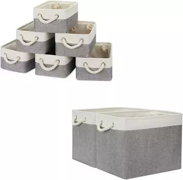 Тканевые корзины Temary Набор из 6 маленьких корзин для хранения в комплекте с набором из 2 больших корзин (белый и серый, 11,8 x 7,9 x 5,3 дюйма в высоту, 16 x 12 x 12 дюймов в высоту), Grey,White