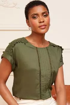 Тканевый топ с круглым вырезом закатанными рукавами и кружевным бантом Love & Roses, зеленый