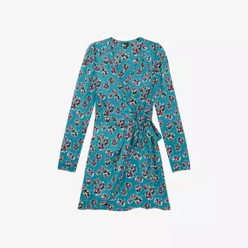 Тканое мини-платье мини с цветочным принтом и запахом The Kooples, синий