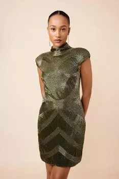 Тканое мини-платье с бисером и украшением Karen Millen, хаки