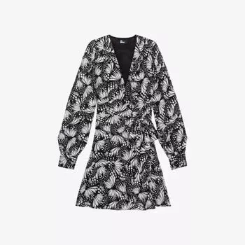 Тканое мини-платье с цветочным принтом и длинными рукавами The Kooples, черный