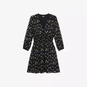Тканое мини-платье с цветочным принтом и длинными рукавами The Kooples, черный