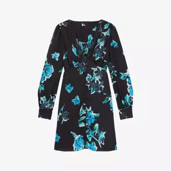 Тканое мини-платье с цветочным принтом и кружевной отделкой The Kooples, черный