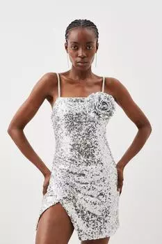 Тканое мини-платье с пайетками и корсажем и складками с разрезом Karen Millen, серебро