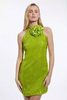 Тканое мини-платье с пайетками и эффектной розеткой через шею с бретелькой Karen Millen, зеленый