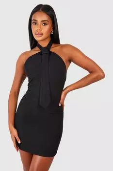 Тканое мини-платье с воротником халтер и завязками boohoo, черный