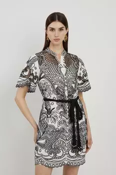 Тканое мини-платье с вышивкой и поясом Karen Millen, мультиколор