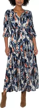 Тканое многоярусное платье макси с рукавами 3/4 Liverpool Los Angeles, цвет All Over Ikat Print