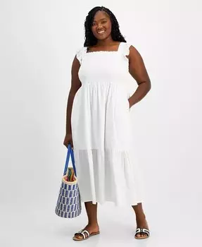Тканое однотонное платье миди с оборками больших размеров On 34th, белый
