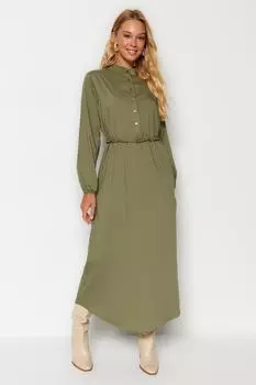 Тканое платье цвета хаки с поясом и высоким воротником Trendyol Modest