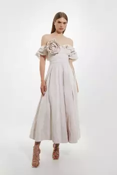 Тканое платье макси из тафты с открытыми плечами и оборками Karen Millen, нейтральный