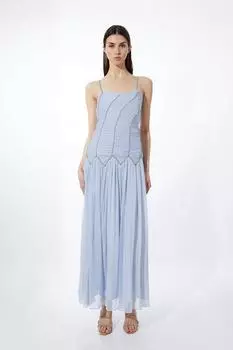 Тканое платье макси из жоржета с высоким воротником и бретелями, украшенное сборками Karen Millen, синий