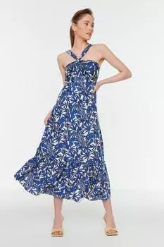 Тканое платье макси с синим воротником и деталями TWOSS22EL1827 Trendyol, синий