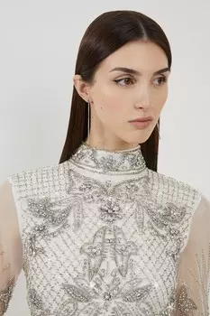 Тканое платье макси с высоким воротником и длинными рукавами Karen Millen, белый