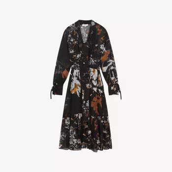 Тканое платье миди Charlotte с цветочным принтом и поясом на талии Reiss, черный