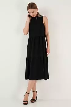 Тканое платье миди прямого кроя с круглым вырезом 6525024 Lela, черный