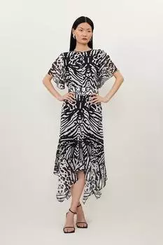 Тканое платье миди с короткими рукавами и животным принтом из жоржетта Karen Millen, черный