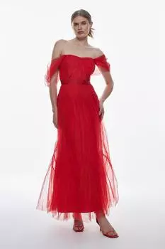 Тканое платье миди с корсетом из тюля Karen Millen, красный