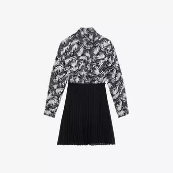Тканое платье мини с плиссированной юбкой и цветочным принтом The Kooples, черный