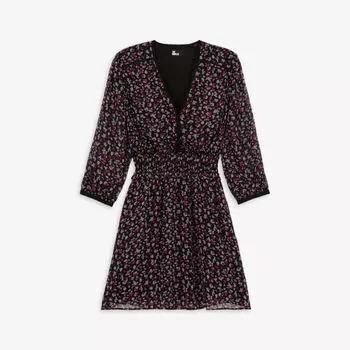 Тканое платье мини с присборенной талией и цветочным принтом The Kooples, черный