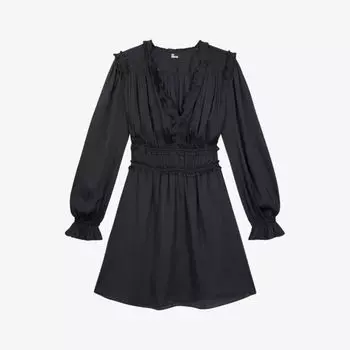 Тканое платье мини с V-образным вырезом и присборенной талией The Kooples, черный
