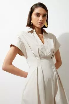 Тканое платье-рубашка из поплина с заниженными плечами и сильными плечами Karen Millen, бежевый