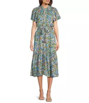 Тканое платье-рубашка миди на пуговицах спереди с короткими рукавами и цветочным принтом Democracy, цветочный