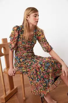 Тканое платье с разноцветным цветочным узором и V-образным вырезом Trendyol, разноцветный